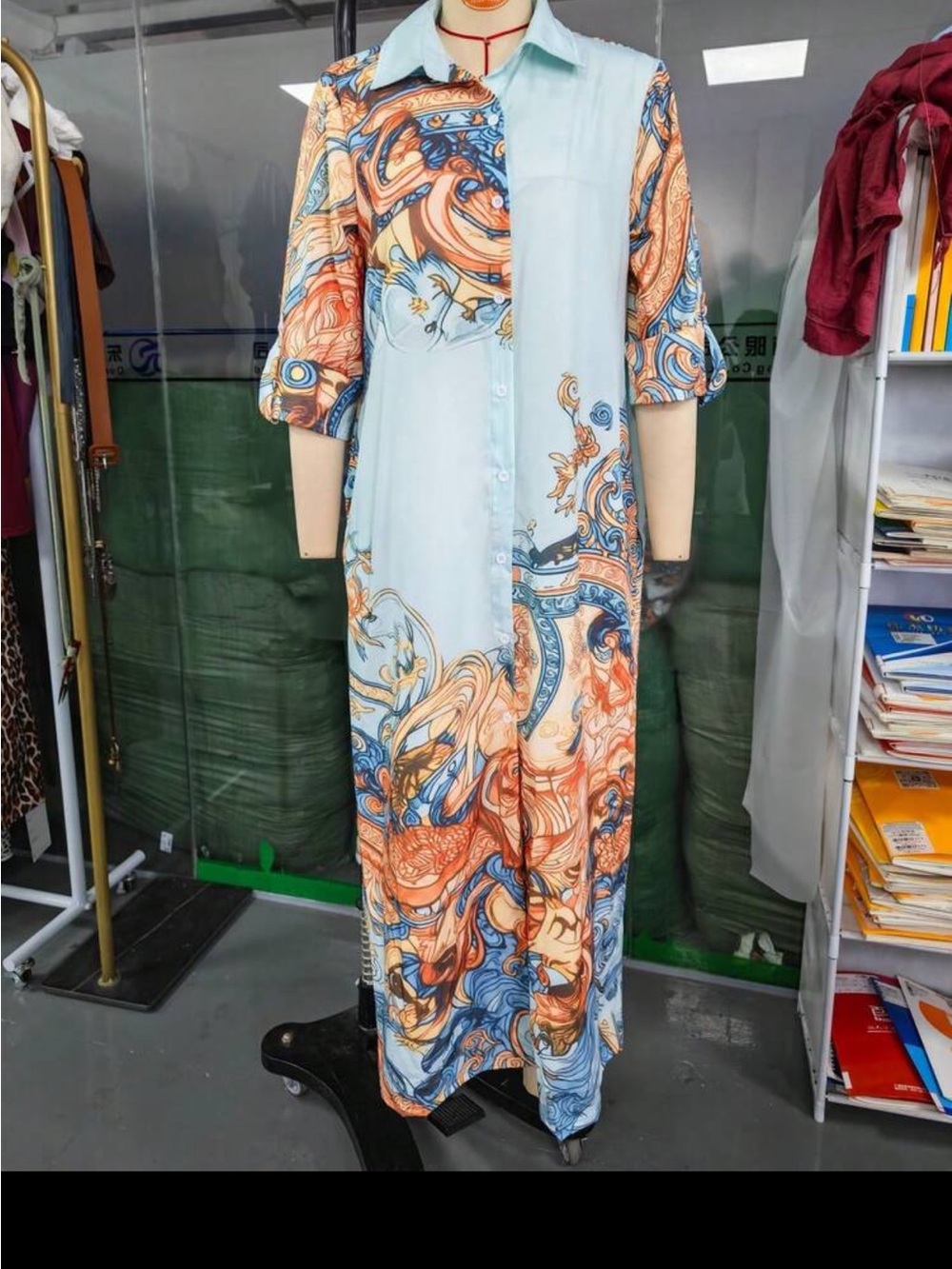 Light Blue & Multi-Color Printed Button-Front Maxi Dress